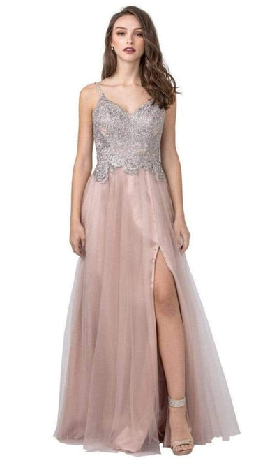 Trevi Collection - L2447 Embroidered Bod Glittery A-Line Gown Prom Dresses XXS / Mocha