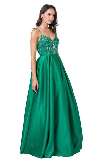 Trevi Collection - L2454 Beaded Satin A-Line Dress Prom Dresses XXS / Emerald