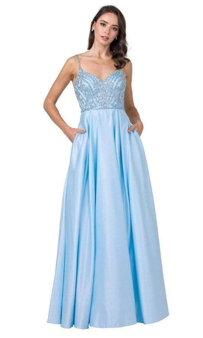 Trevi Collection - L2454 Beaded Satin A-Line Dress Prom Dresses XXS / Ice Blue