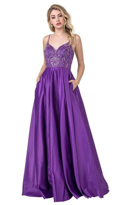 Trevi Collection - L2454 Beaded Satin A-Line Dress Prom Dresses XXS / Purple