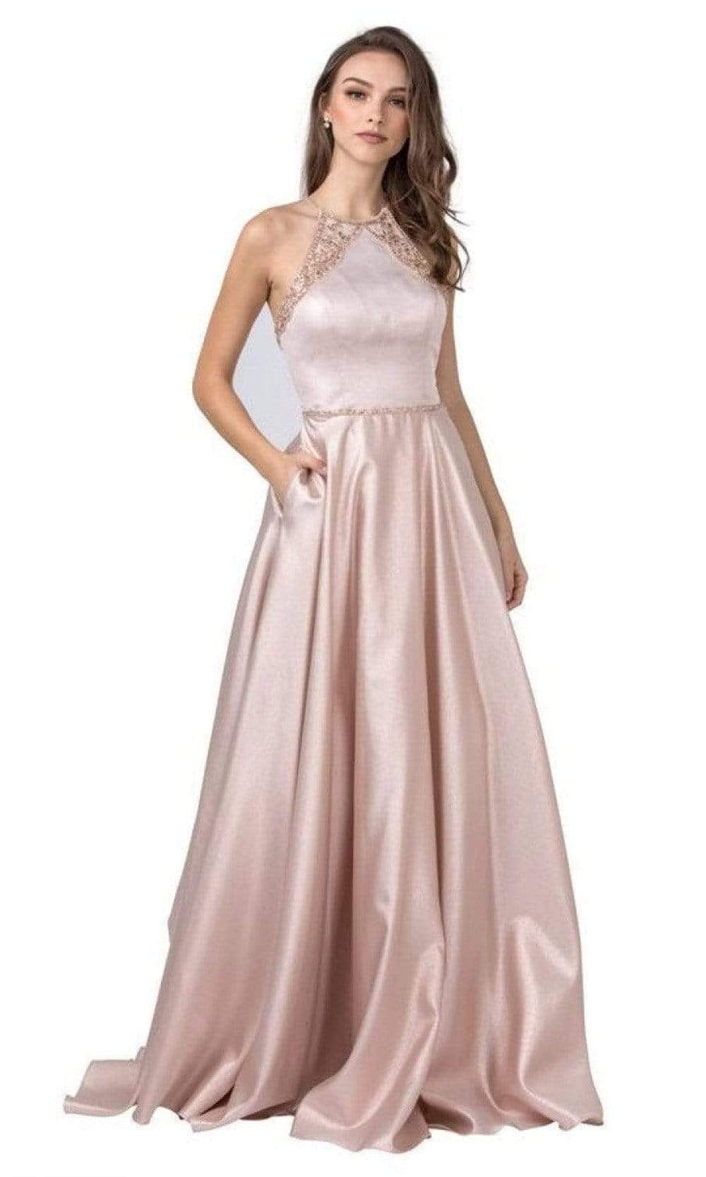 Trevi Collection - L2455 Halter Neck Crisscross Back A-Line Gown Prom Dresses XXS / Rosegold