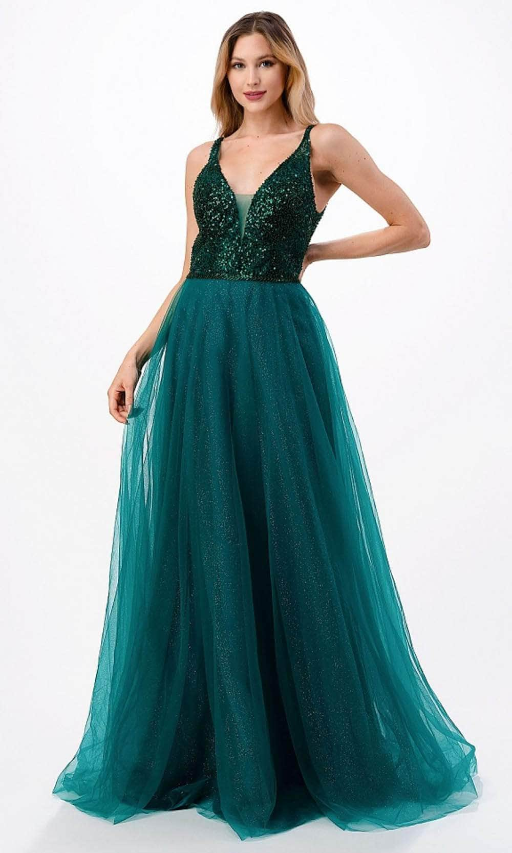 Trevi Collection L2684 - Open Back Evening Gown XS / Hunter Green