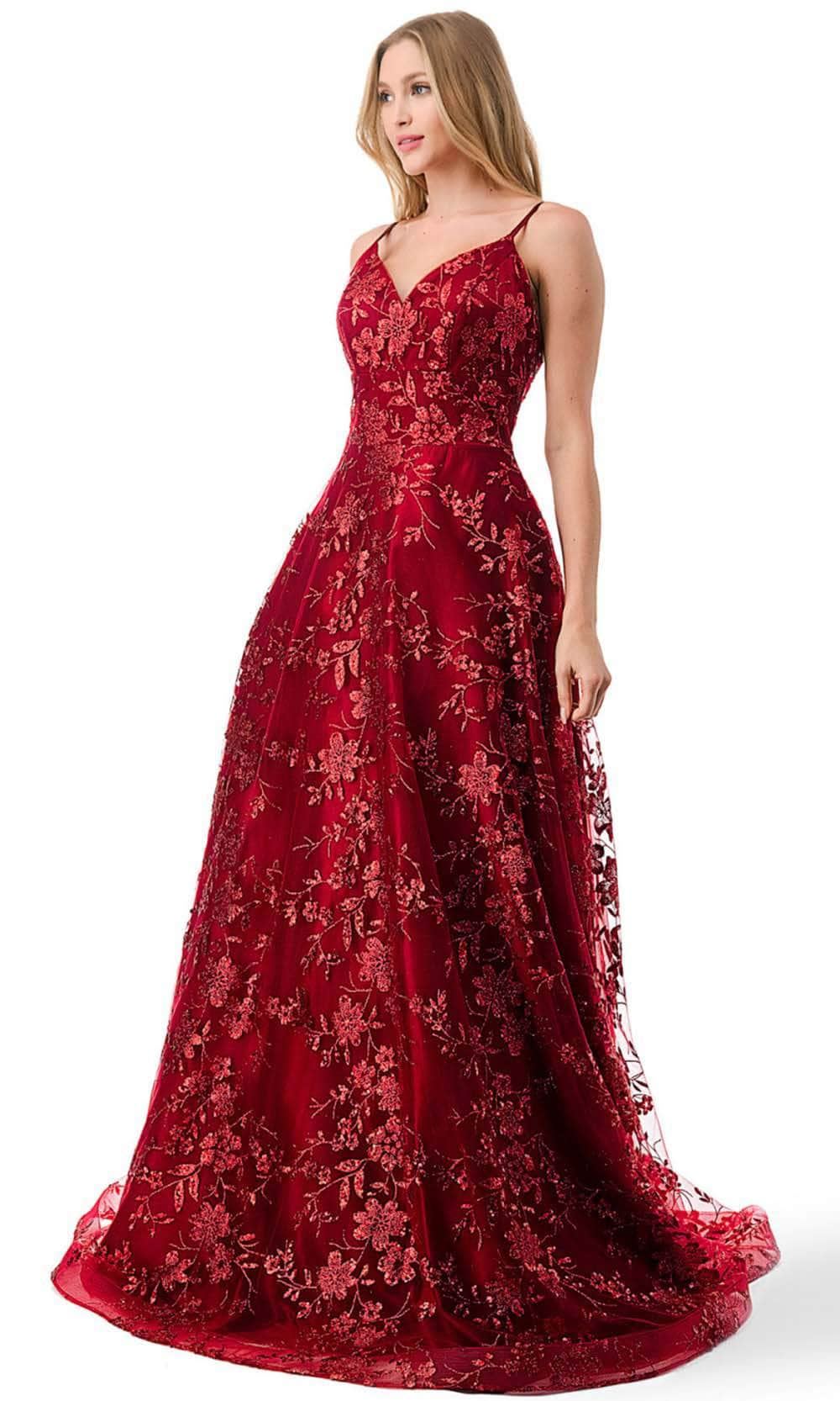 Trevi Collection L2764B - Floral Glitter Motif Prom Dress