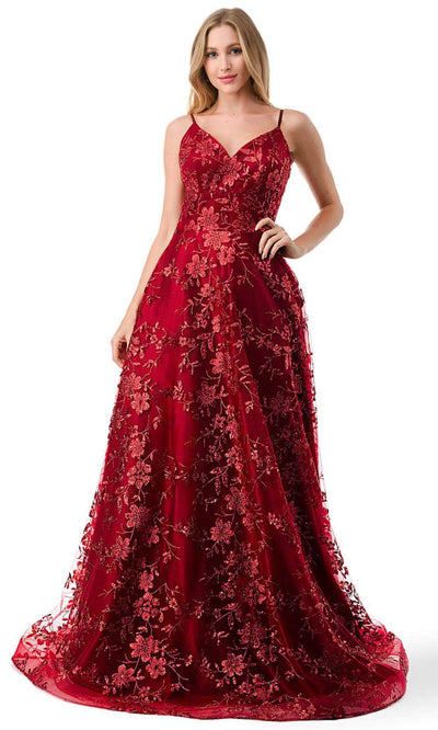 Trevi Collection L2764B - Floral Glitter Motif Prom Dress XS / Burgundy