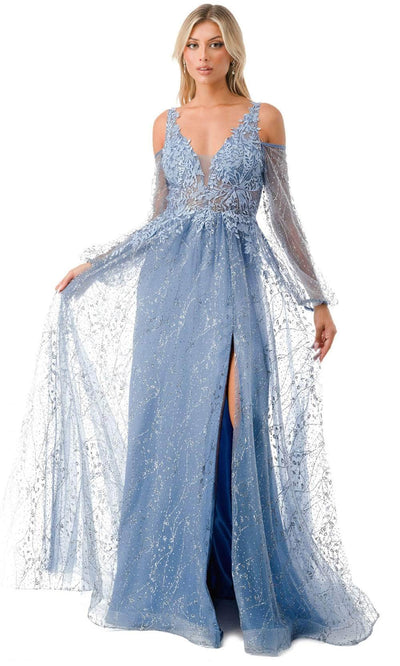 Trevi Collection L2772T - Cold Shoulder Evening Gown XS / Smoky Blue