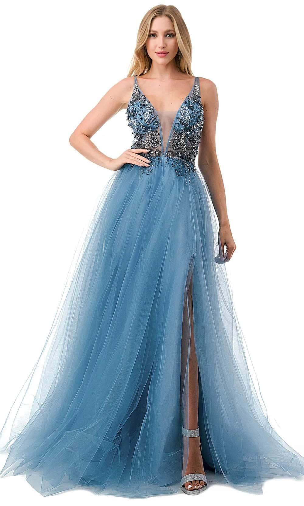 Trevi Collection L2781A - Low V-Open Back Prom Dress XS / Smoky Blue