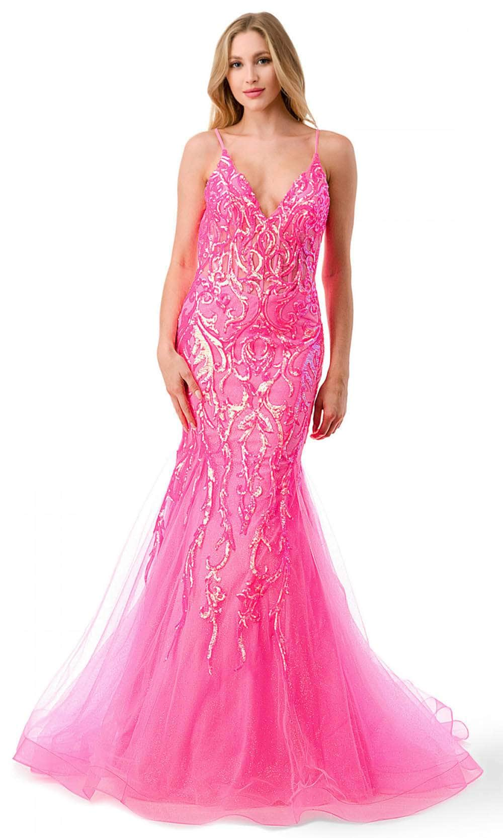 Trevi Collection L2807M - Corset Sequin Evening Gown XS / Hot Pink