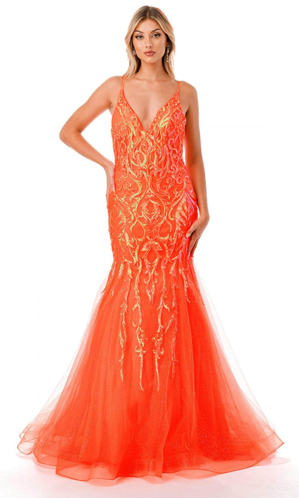 Trevi Collection L2807M - Corset Sequin Evening Gown XS / Orange