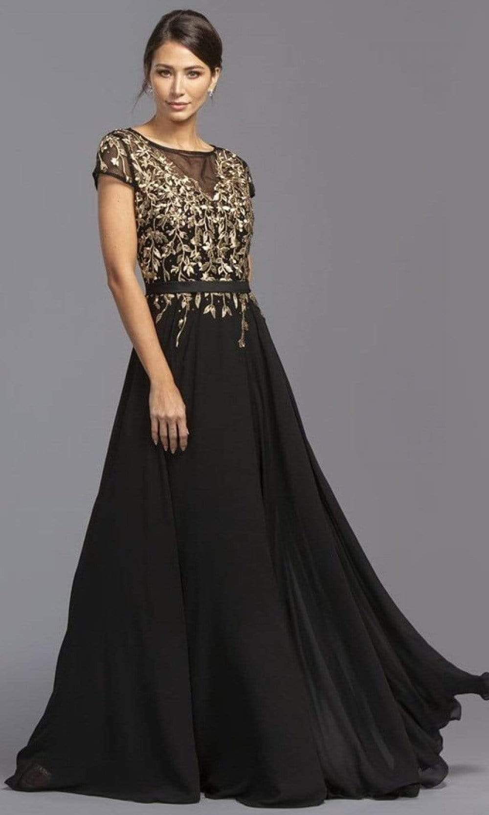 Trevi Collection - M2071 Modest Embroidered Chiffon Dress Mother of the Bride Dresses XXS / Black Gold