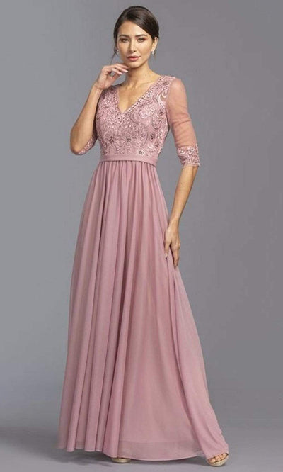 Trevi Collection - M2078 Embroidered Quarter Sleeve Chiffon Dress Mother of the Bride Dresses XXS / Dusty Rose