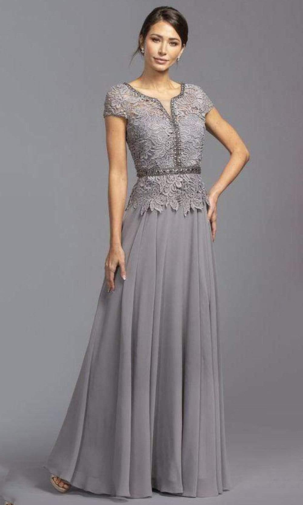 Trevi Collection - M2079 Cap Sleeve Lace Peplum Chiffon Dress Mother of the Bride Dresses XXS / Gray