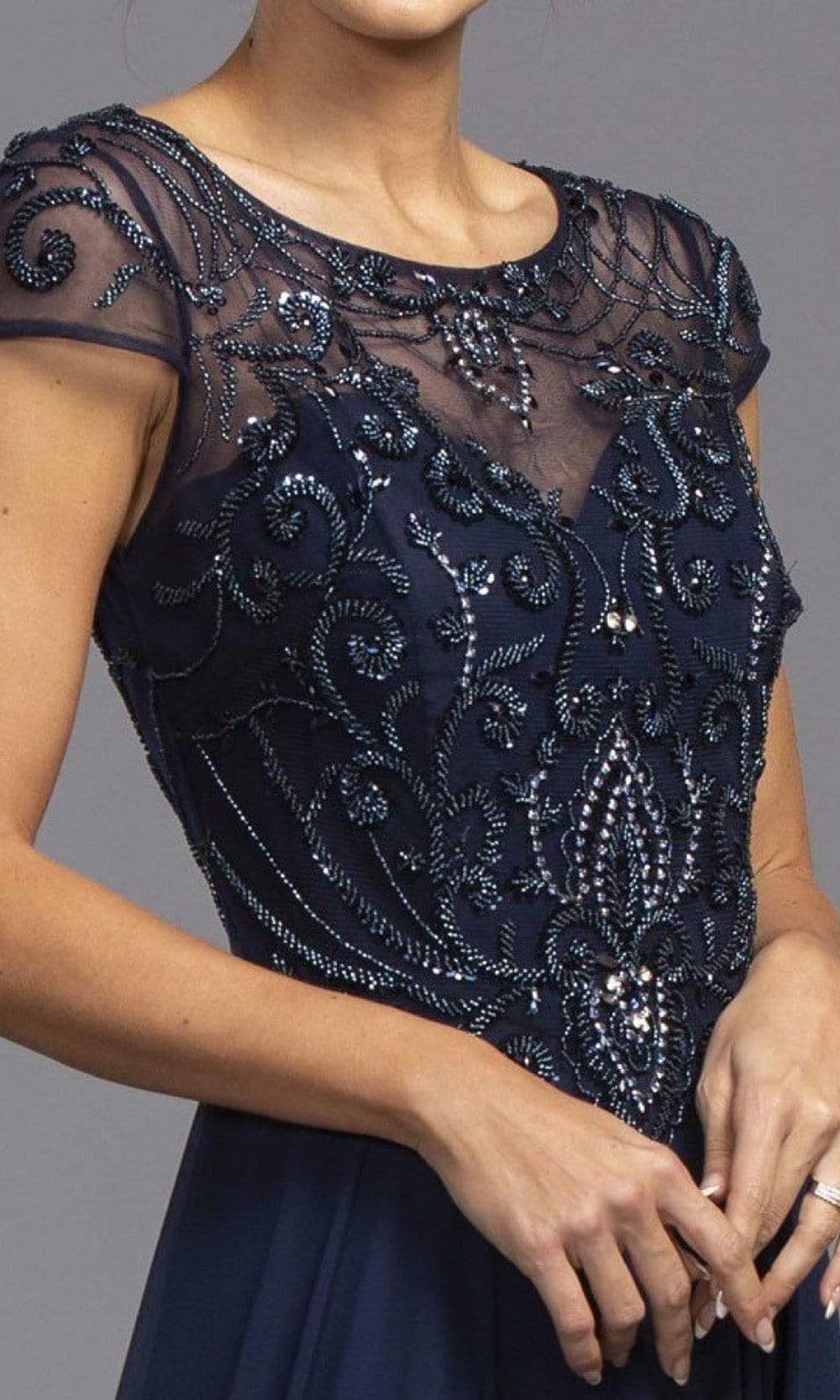 Trevi Collection - Illusion Jewel Neck Beaded Chiffon A-Line Dress M2110SC In Blue