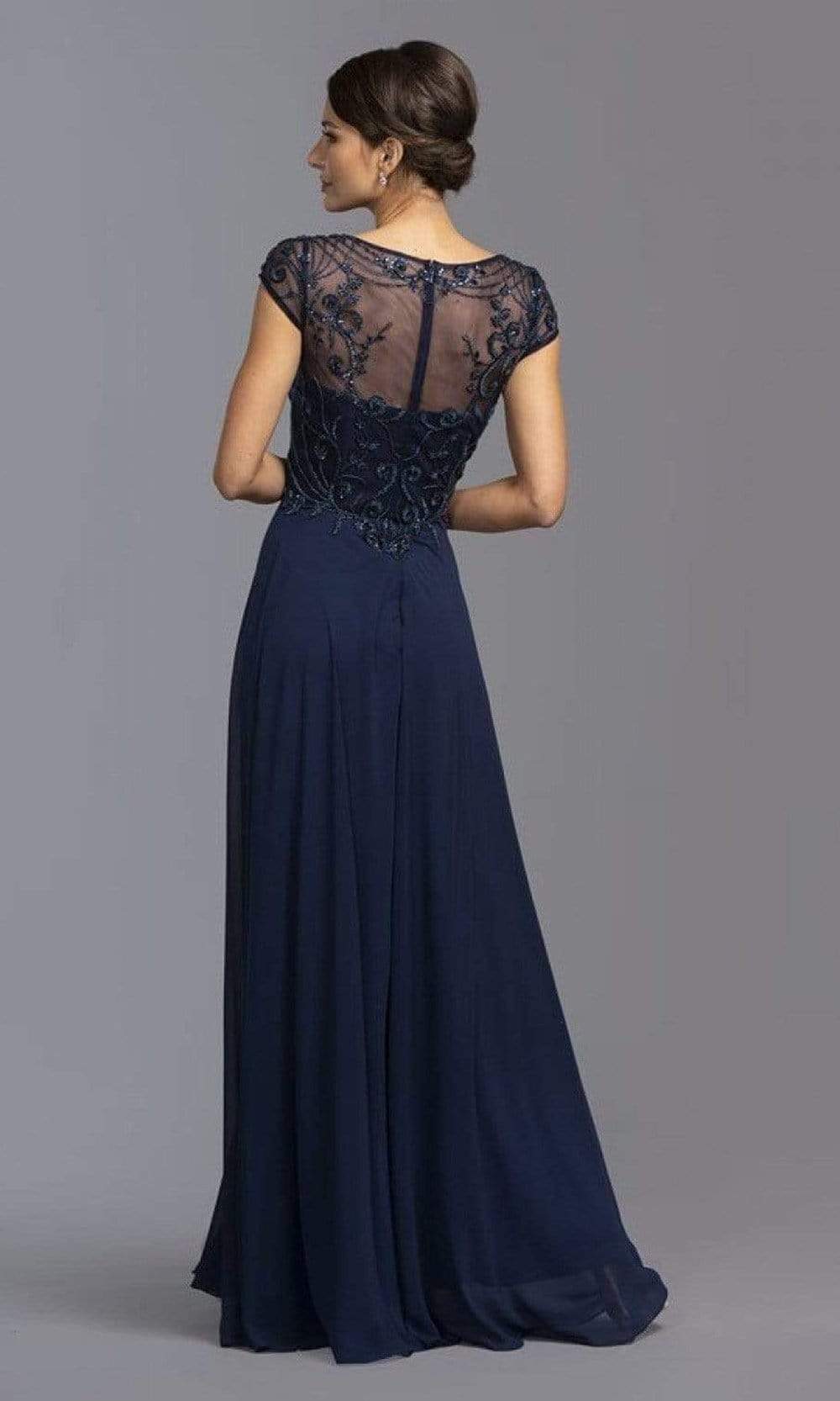 Trevi Collection - Illusion Jewel Neck Beaded Chiffon A-Line Dress M2110SC In Blue