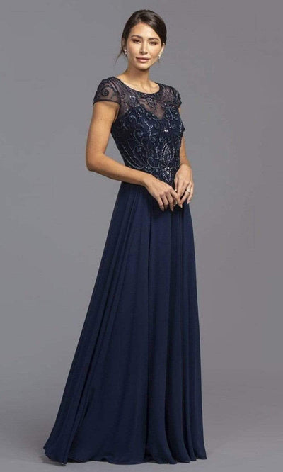 Trevi Collection - Illusion Jewel Neck Beaded Chiffon A-Line Dress M2110SC In Blue