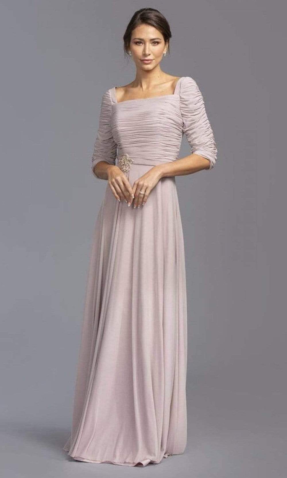 Trevi Collection - M2195 Shirred Brooch Accented Chiffon Dress Mother of the Bride Dresses XXS / Mauve