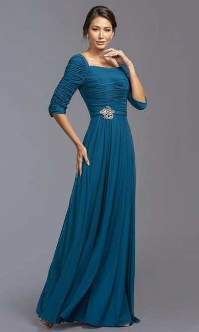 Trevi Collection - M2195 Shirred Brooch Accented Chiffon Dress Mother of the Bride Dresses XXS / Teal