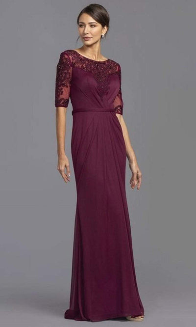 Trevi Collection - M2322 Sheer Sleeve Embroidered Sheath Dress Mother of the Bride Dresses XXS / Aubergine