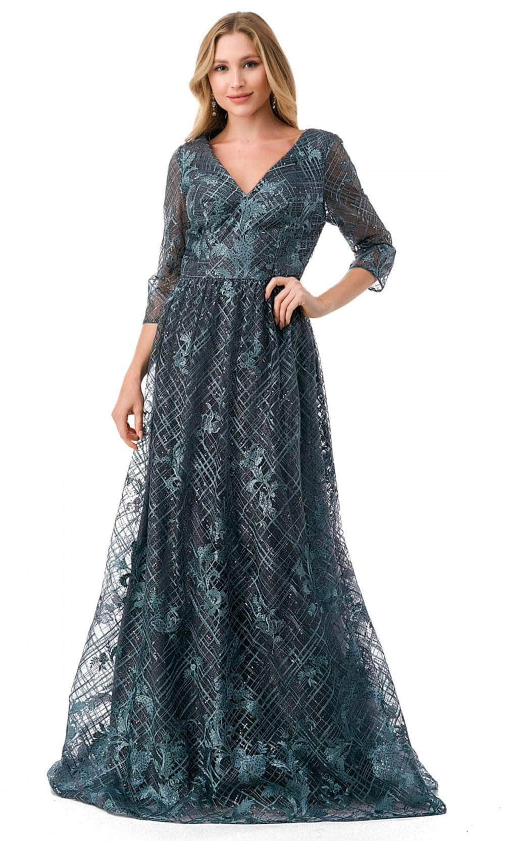 Trevi Collection M2735F - Lattice Print Evening Gown XS / Charcoal