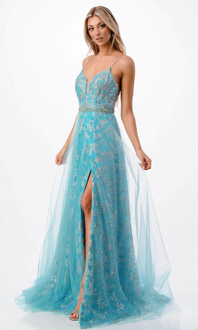 Trevi Collection P2203 - Beaded Evening Gown XS / Light-Aqua