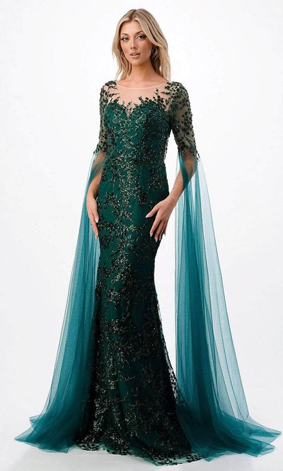 Trevi Collection P2221 - Cape Sleeve Mermaid Evening Gown Mother of the Bride Dresses XS / Emerald