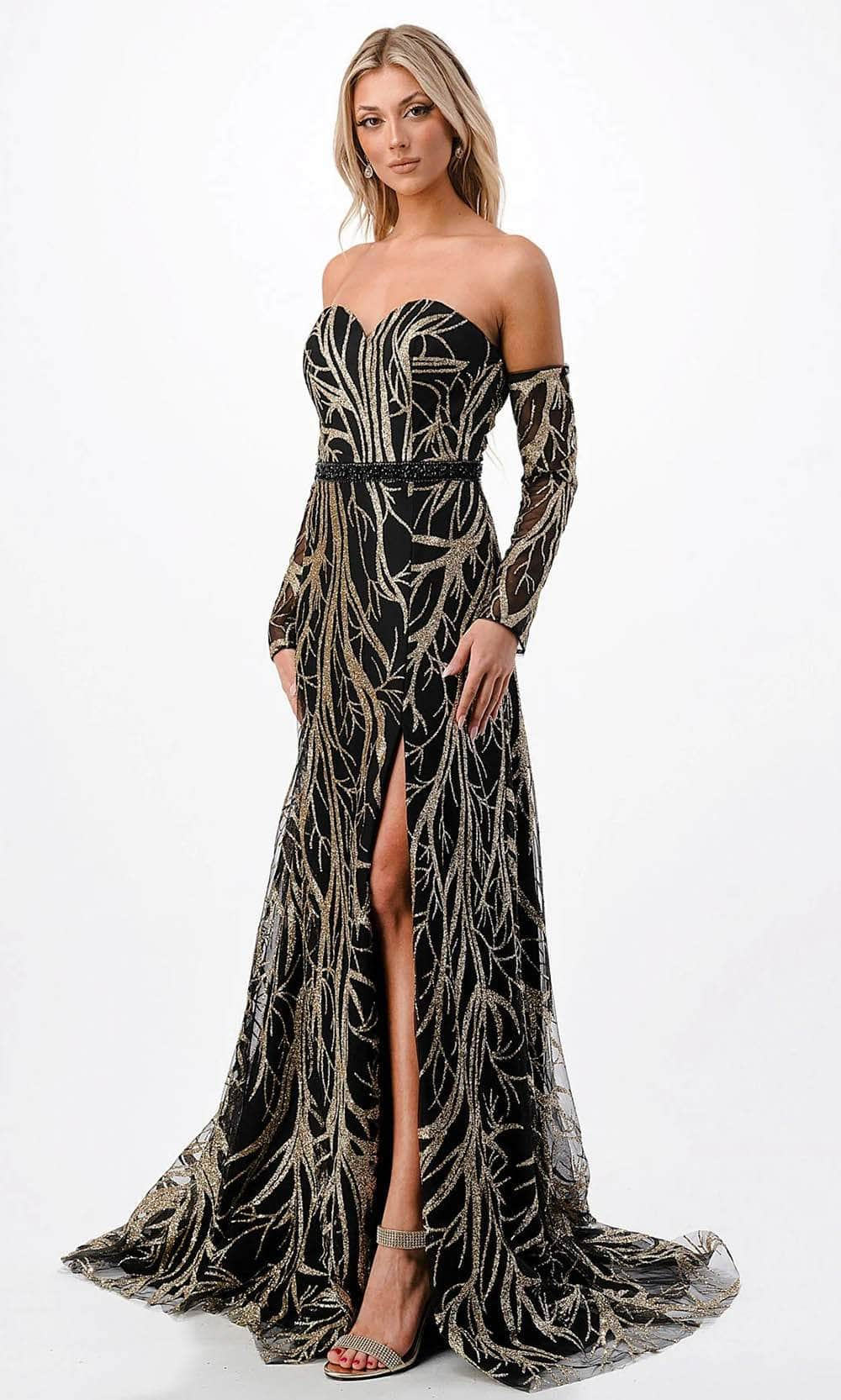 Trevi Collection P2304 - Print Evening Gown XS / Black Gold