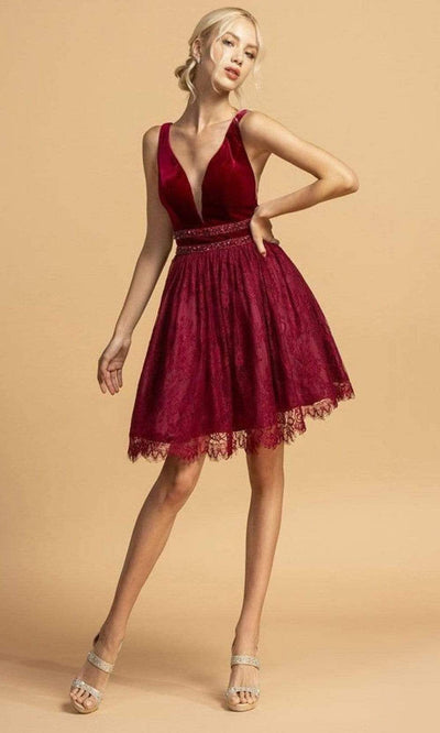 Trevi Collection - S2082 Velvet Bodice Lace Short Dress Homecoming Dresses XXS / Burgundy