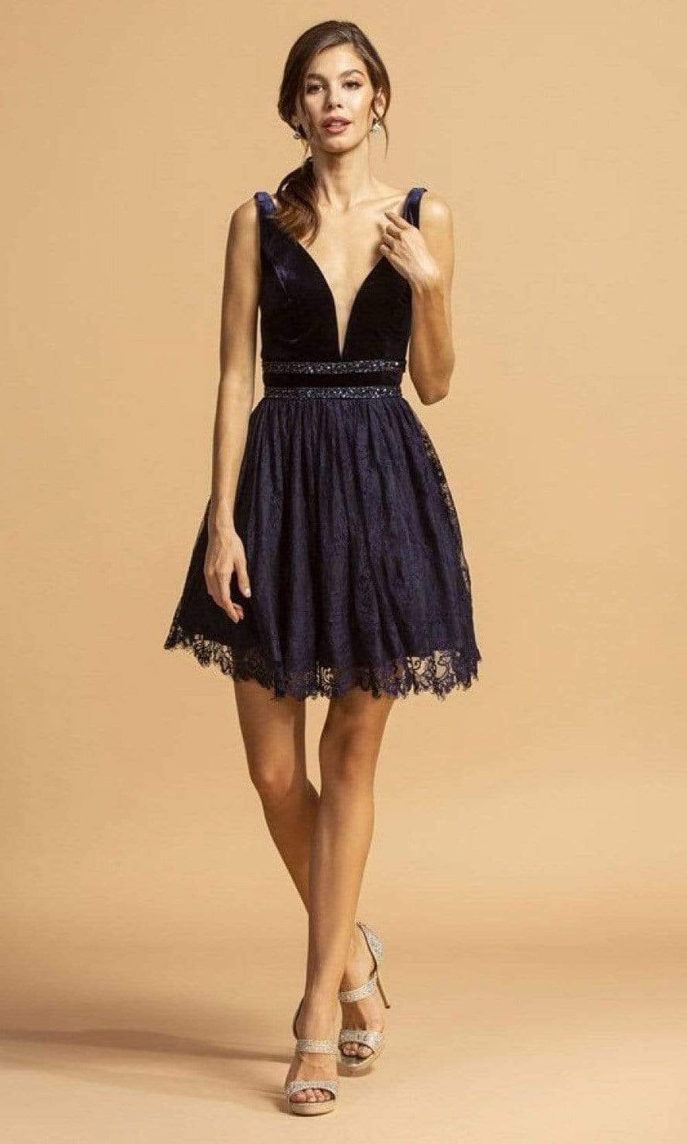 Trevi Collection - S2082 Velvet Bodice Lace Short Dress Homecoming Dresses XXS / Navy