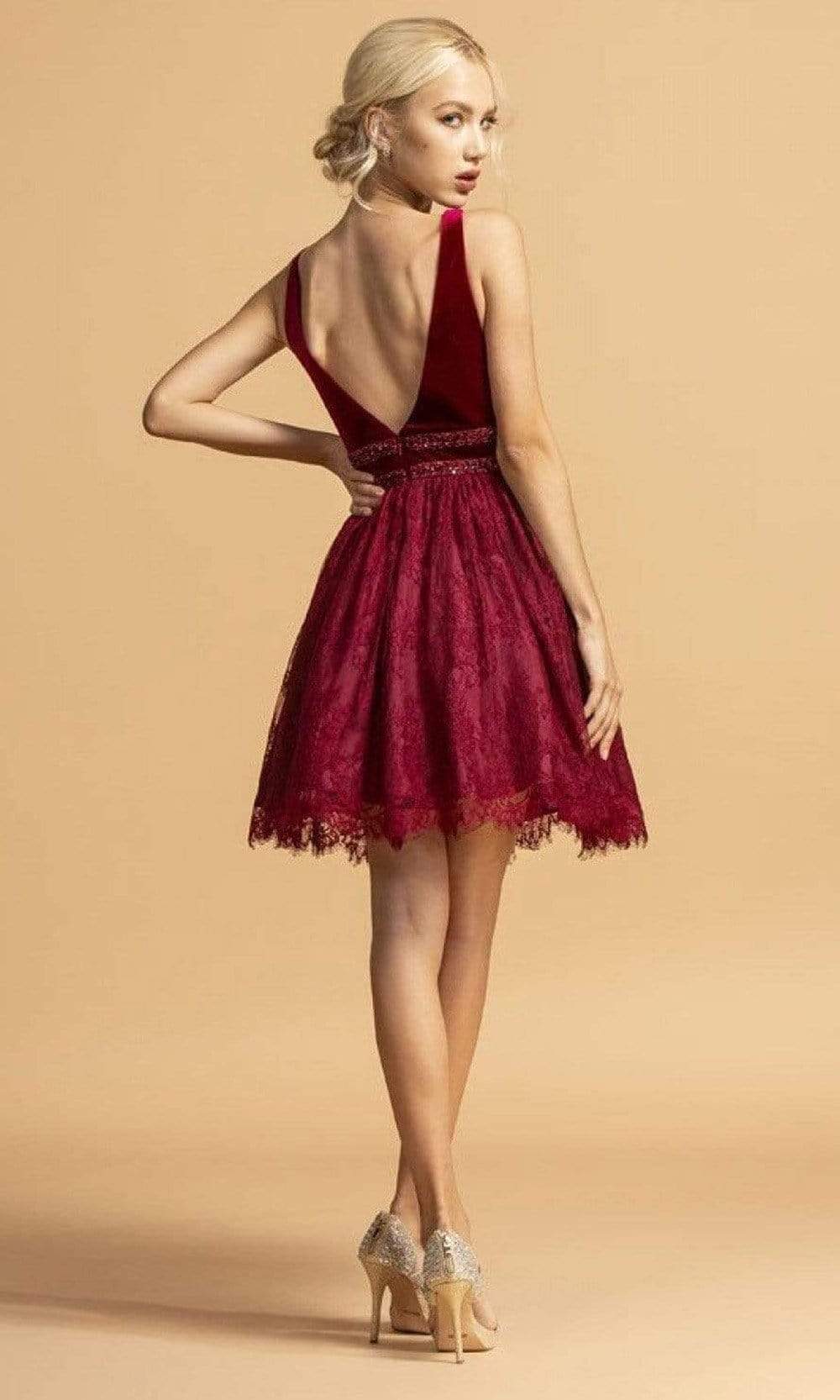 Trevi Collection - S2082 Velvet Bodice Lace Short Dress Special Occasion Dress