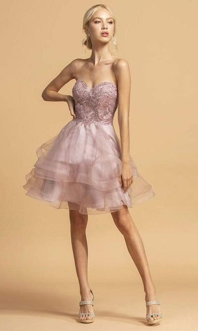 Trevi Collection - S2088 Short Sweetheart Lace Bodice Dress Homecoming Dresses XXS / Mauve