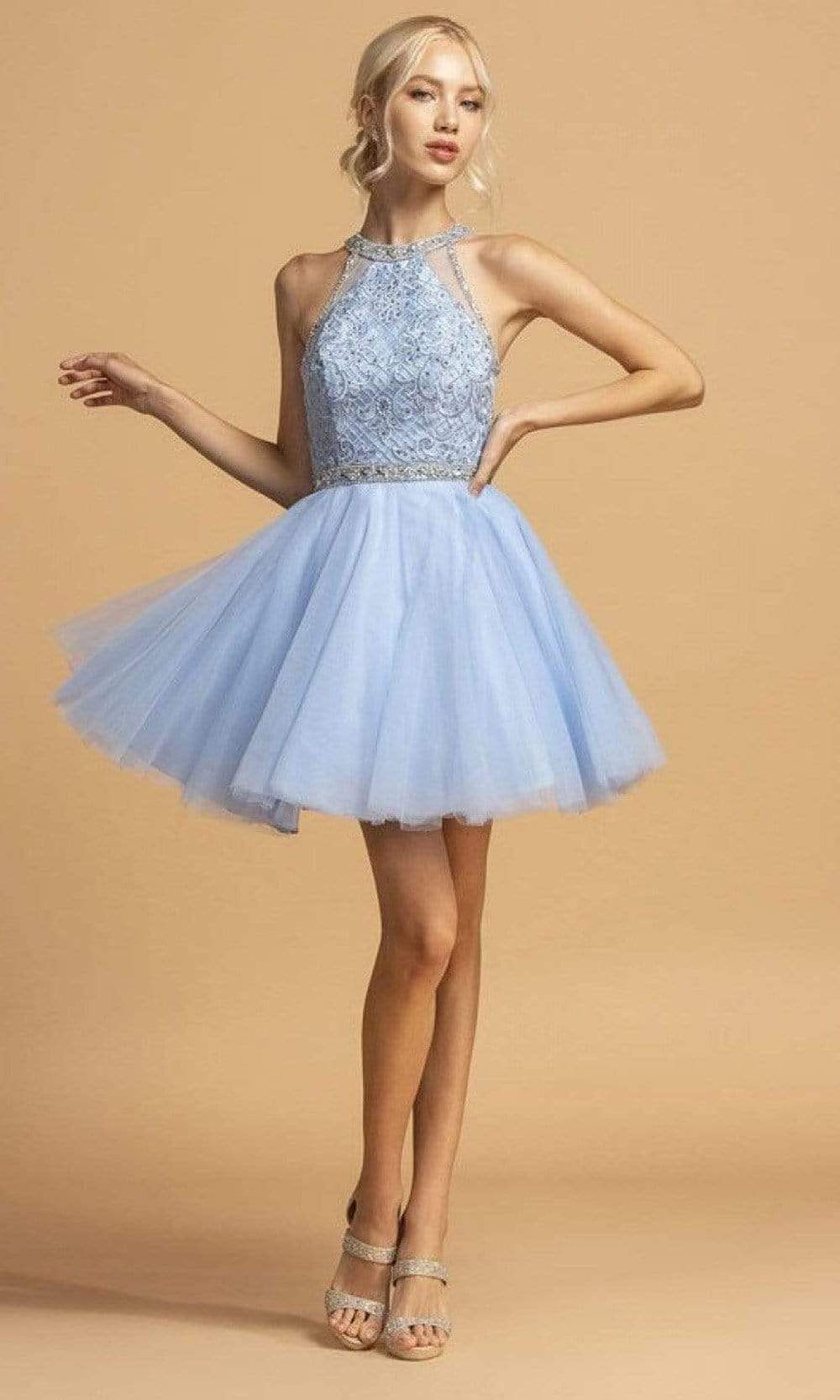 Trevi Collection - S2095 Beaded Halter Tulle Dress Homecoming Dresses XXS / French Blue