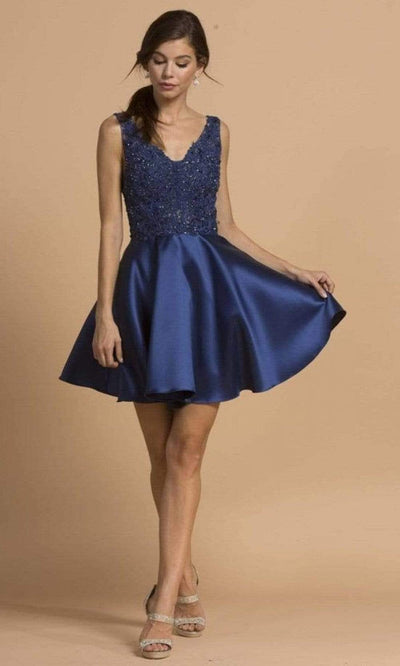 Trevi Collection - S2108 Jeweled Lace Scoop Back Dress Homecoming Dresses XXS / Navy