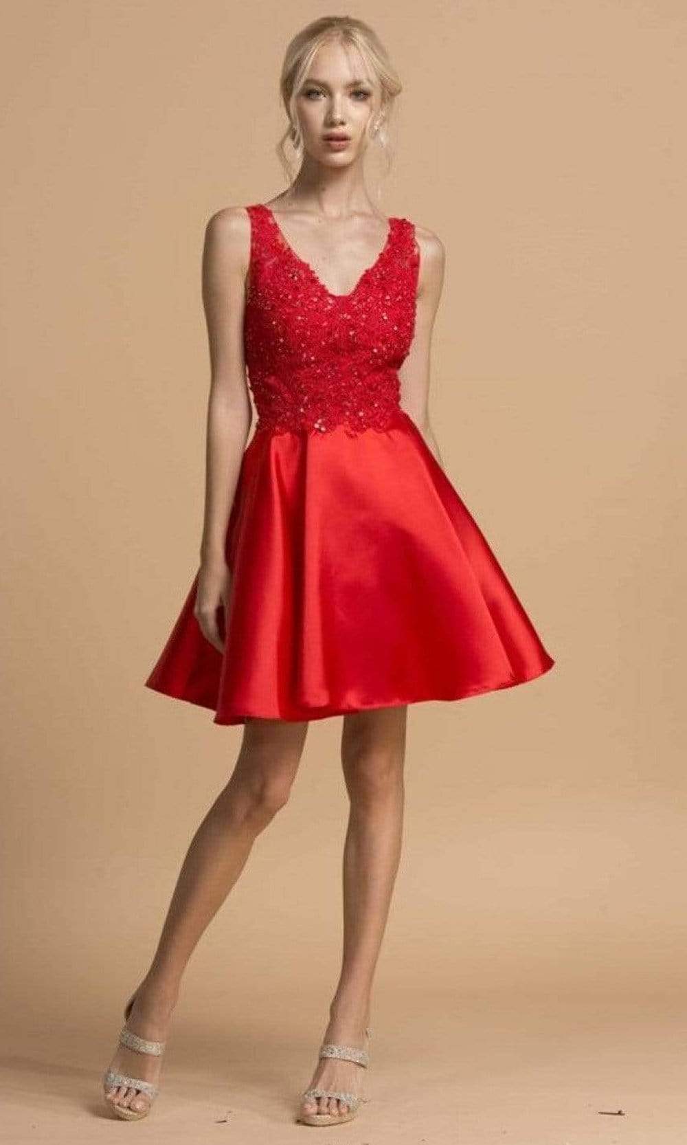 Trevi Collection - S2108 Jeweled Lace Scoop Back Dress Homecoming Dresses XXS / Red