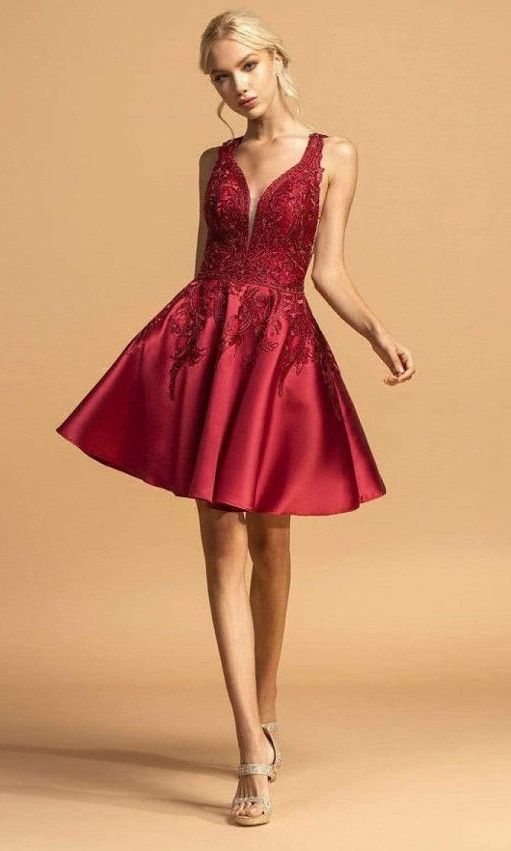 Trevi Collection - S2115 Sleeveless Embroidered Satin Dress Homecoming Dresses XXS / Burgundy