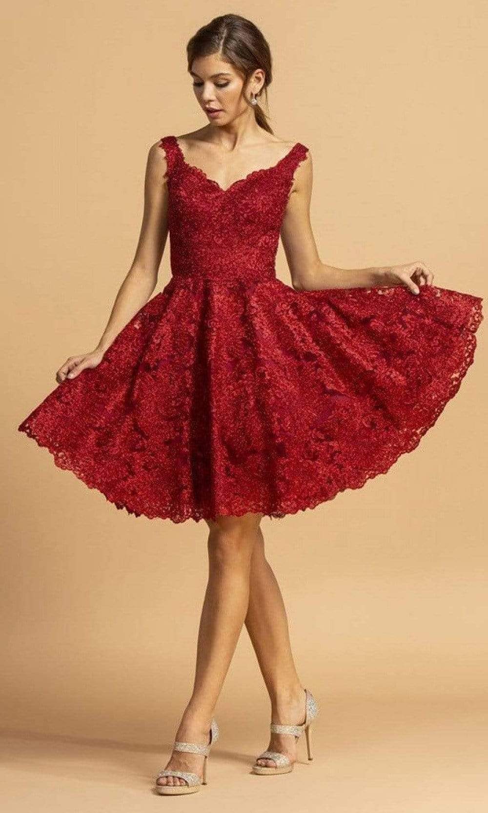 Trevi Collection - S2123 Scoop Back Lace A-Line Dress Homecoming Dresses XXS / Burgundy