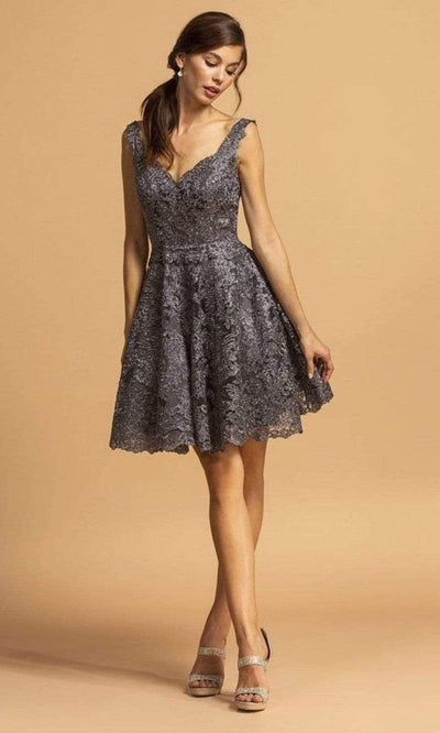 Trevi Collection - S2123 Scoop Back Lace A-Line Dress Homecoming Dresses XXS / Charcoal