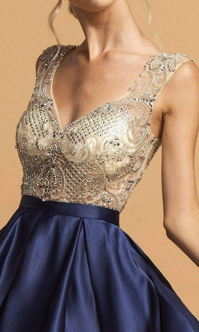 Trevi Collection - S2124 Cap Sleeve Bejeweled Satin Dress Homecoming Dresses