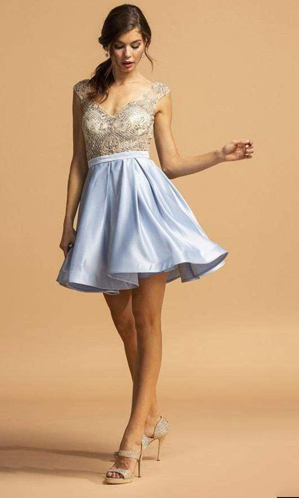 Trevi Collection - S2124 Cap Sleeve Bejeweled Satin Dress Homecoming Dresses XXS / Sky Blue