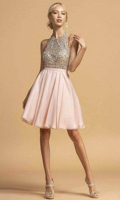 Trevi Collection - S2140 Beaded Halter A-Line Dress Homecoming Dresses XXS / Blush