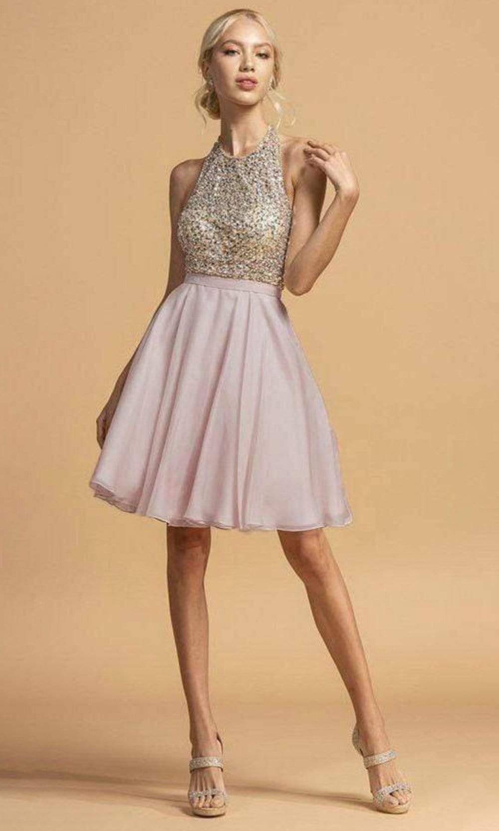 Trevi Collection - S2140 Beaded Halter A-Line Dress Homecoming Dresses XXS / Mauve