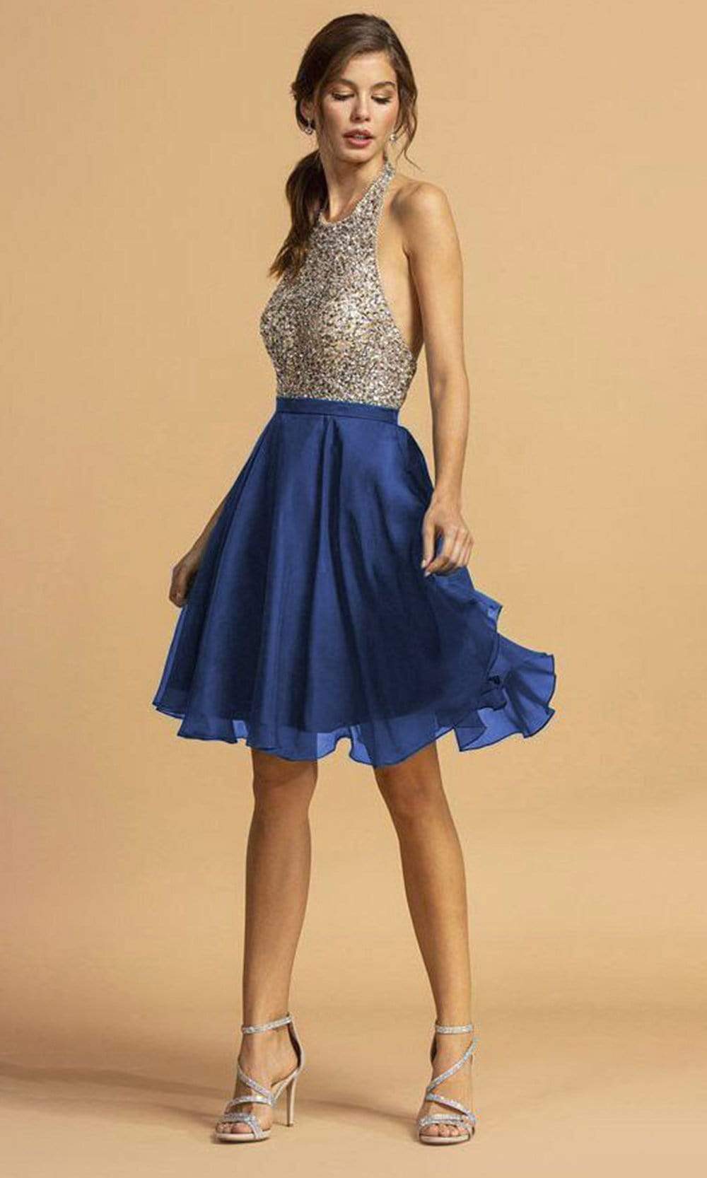 Trevi Collection - S2140 Beaded Halter A-Line Dress Homecoming Dresses XXS / Royal