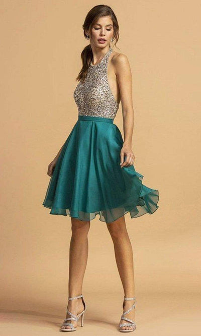 Trevi Collection - S2140 Beaded Halter A-Line Dress Homecoming Dresses XXS / Teal