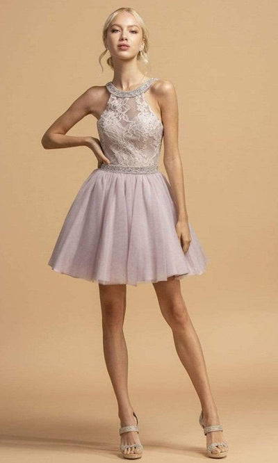 Trevi Collection - S2142 Beaded Lace Fit And Flare Dress Homecoming Dresses XXS / Mauve