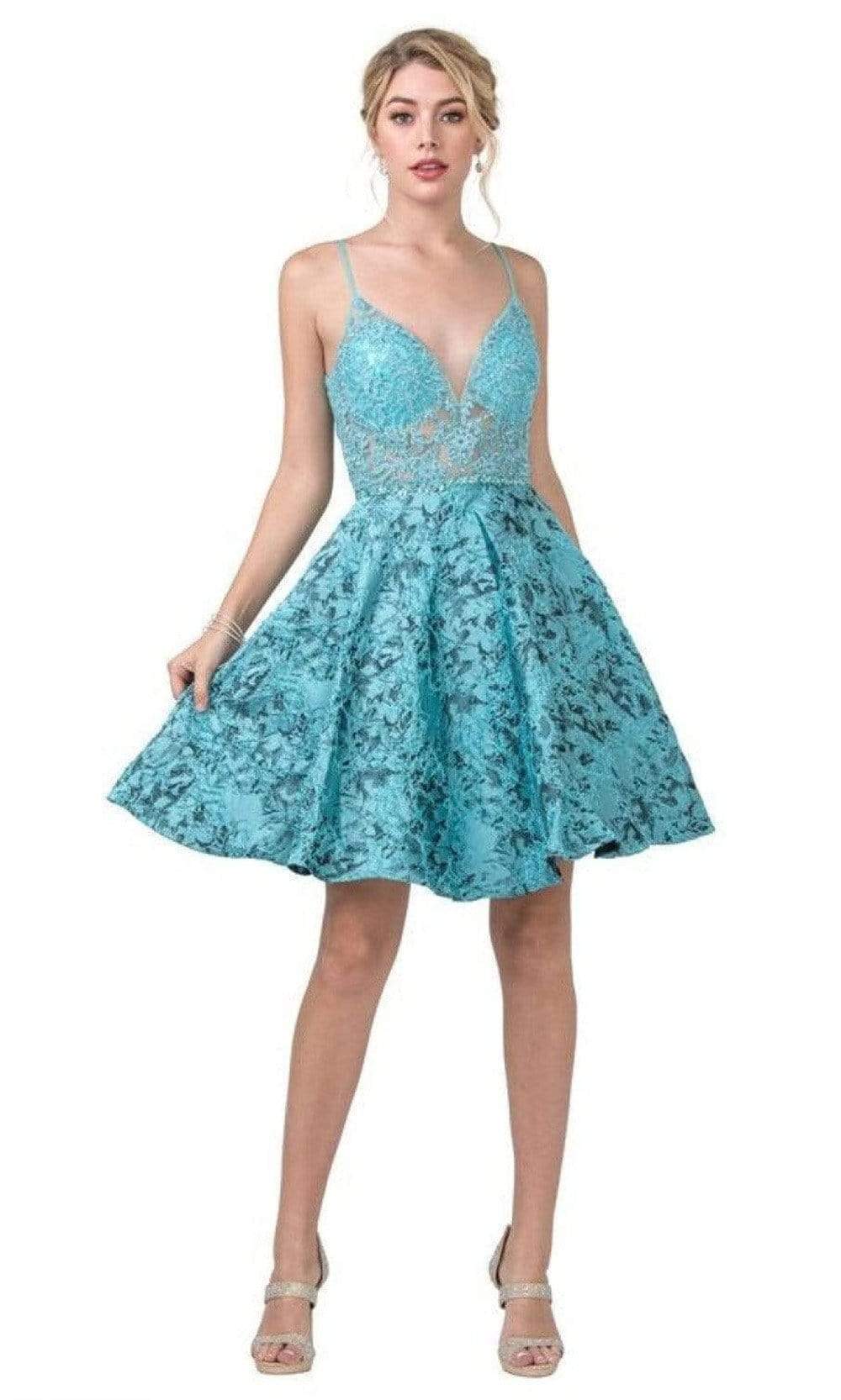 Trevi Collection - S2277 Plunging V-Neck A-Line Cocktail Dress Homecoming Dresses XXS / Ocean Blue