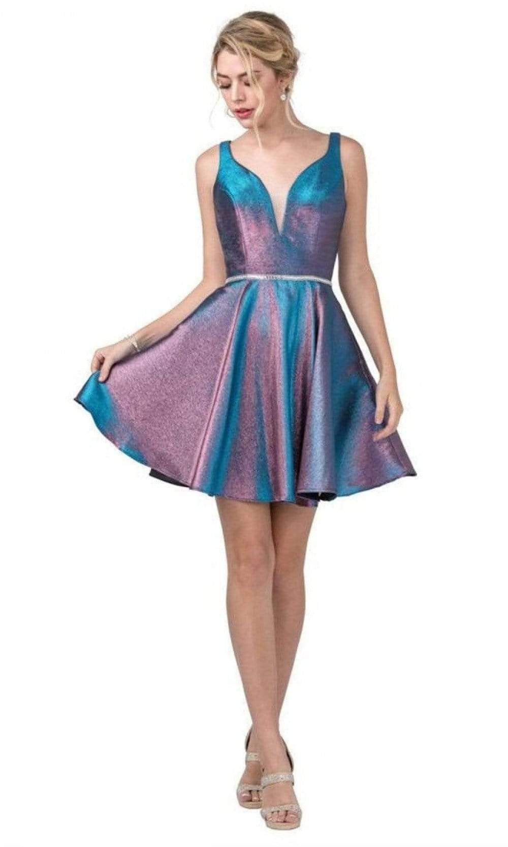 Trevi Collection - S2283 Metallic Plunging Sweetheart A-Line Dress Homecoming Dresses XXS / Blue Purple