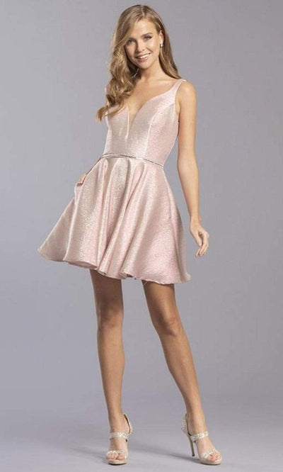 Trevi Collection - S2283 Metallic Plunging Sweetheart A-Line Dress Homecoming Dresses XXS / Blush