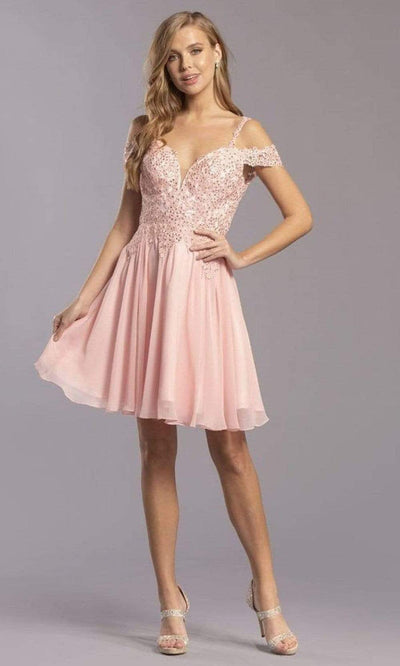 Trevi Collection - S2305 Cold Shoulder Embroidered Short Dress Homecoming Dresses XXS / Blush