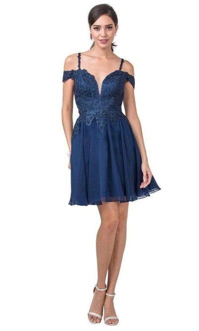 Trevi Collection - S2305 Cold Shoulder Embroidered Short Dress Homecoming Dresses XXS / Navy