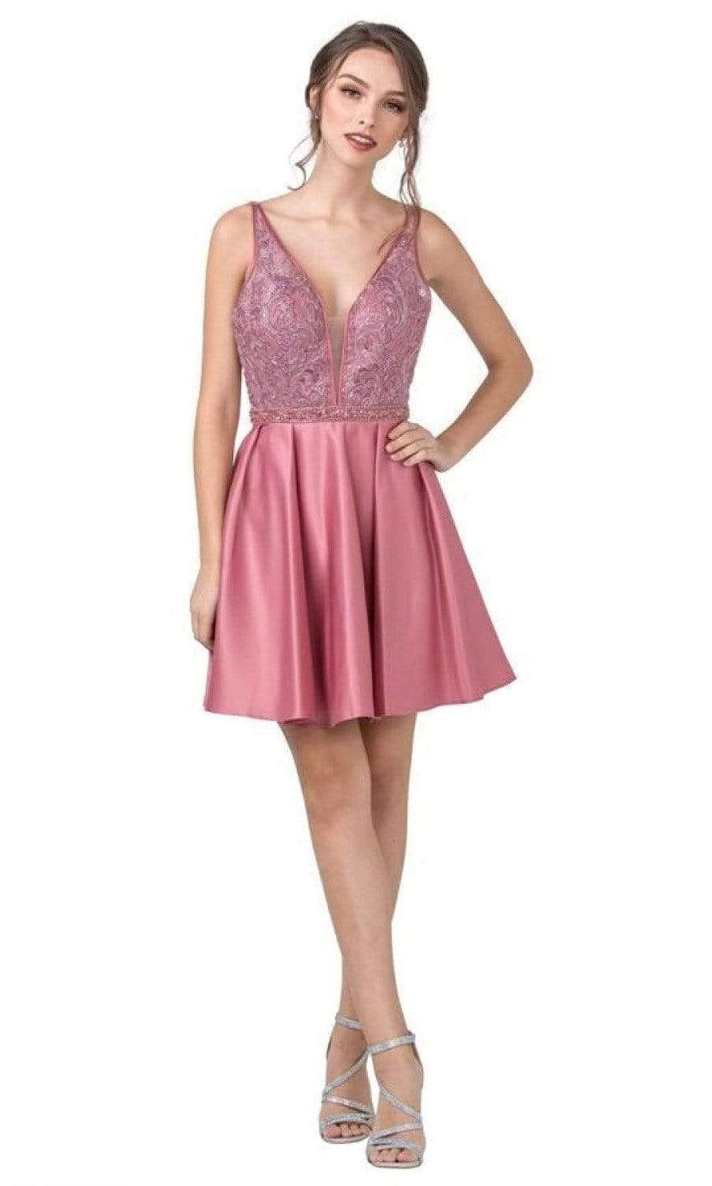 Trevi Collection - S2313 Sleeveless Plunging V-Neck A-Line Dress Homecoming Dresses XXS / Misty Rose