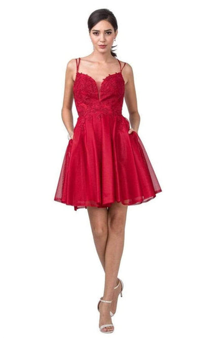 Trevi Collection - S2318 Plunging Sweetheart Embroidered A-Line Dress Homecoming Dresses XXS / Burgundy