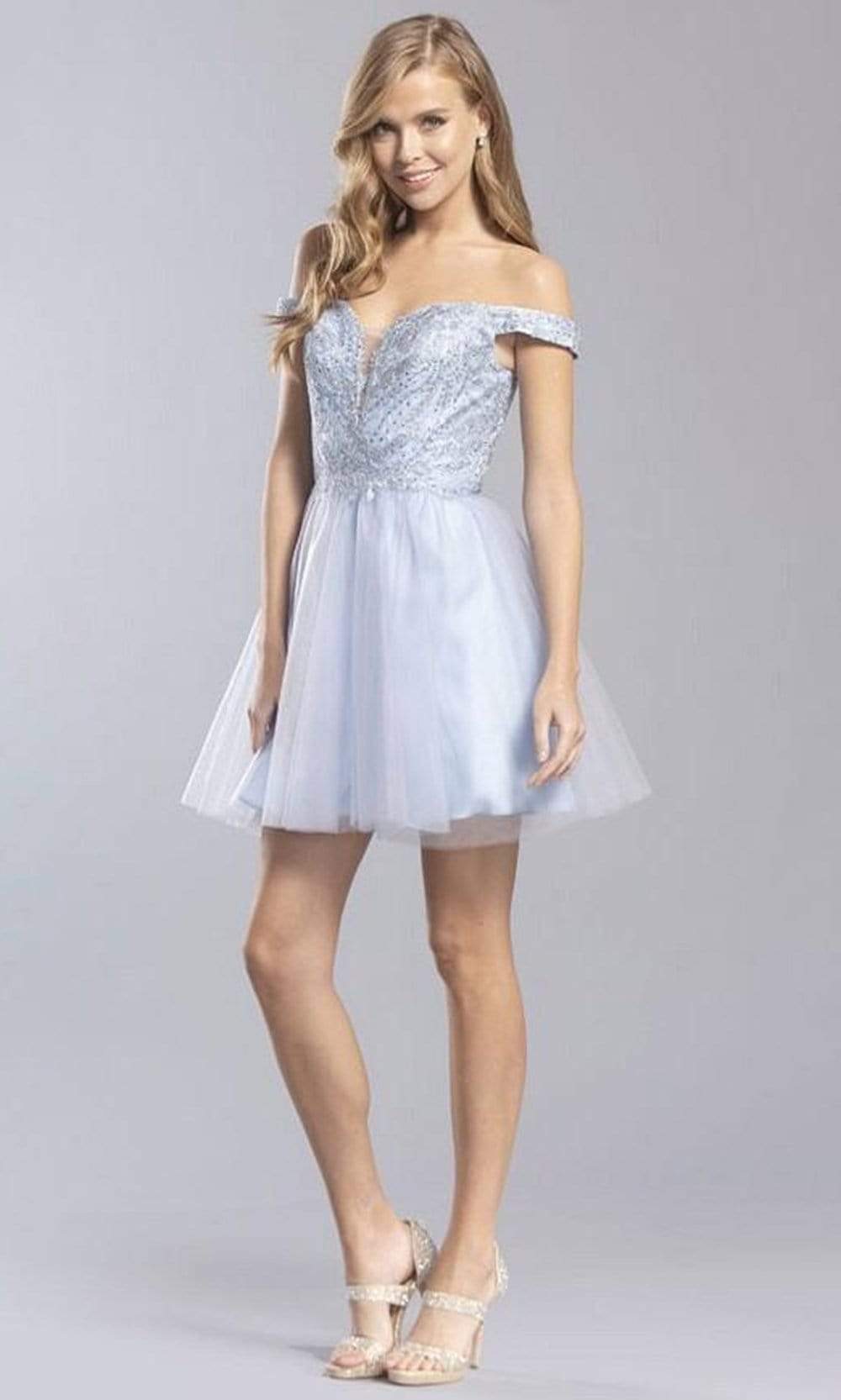 Trevi Collection - S2323 Beaded Off Shoulder Tulle Dress Homecoming Dresses XXS / Pewter